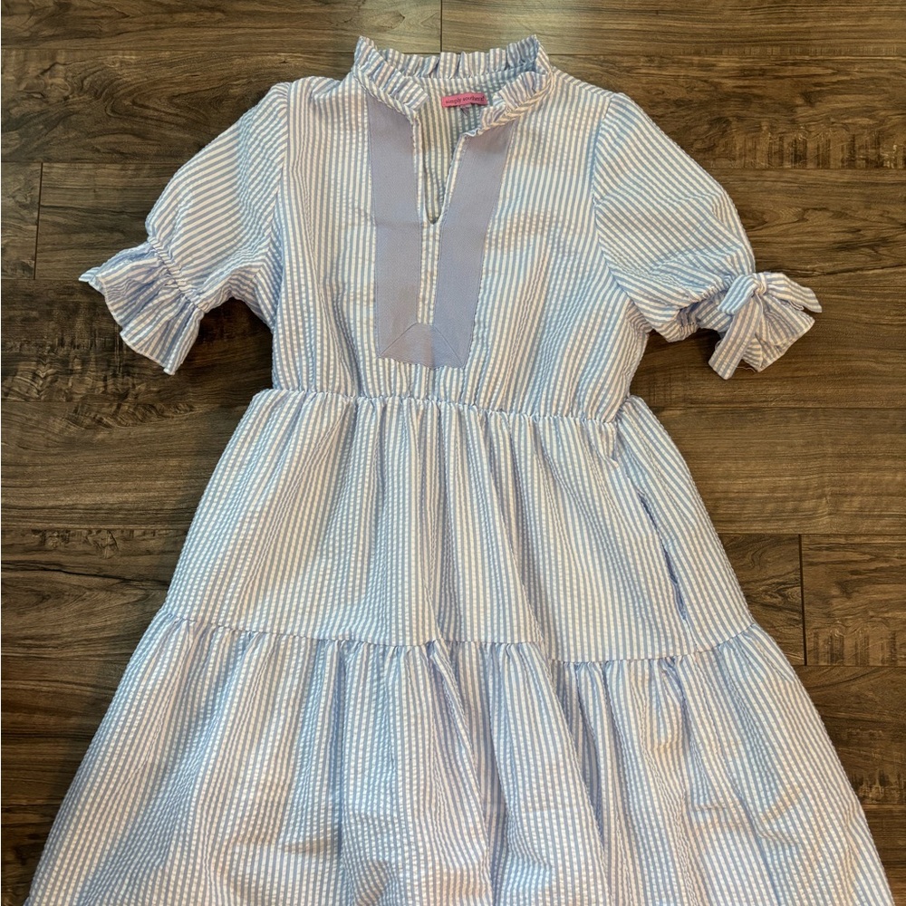 Simply Southern Light Blue & White Striped Tiered Dress size small
